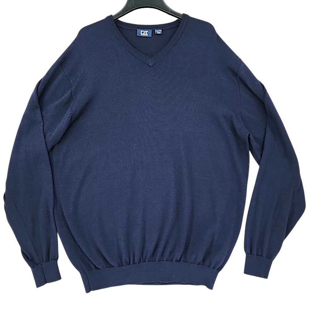 Cutter & Buck V-Neck‎ Sweater XXL Men Navy Blue Cotton Nylon Stretch Pullover
